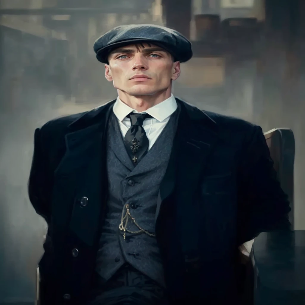 (Artwork, Best Quality), Intricate Details, 8K, Tommy Shelby (peaky blinders), Man, Vague Background, Seriousness, Sitting, Table, Looking