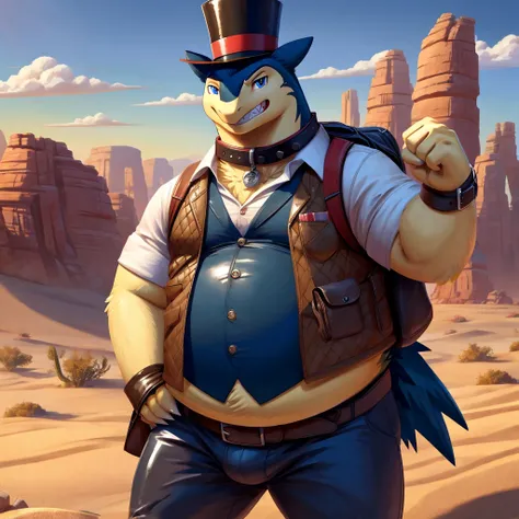 Male, fat, extremely obese, Typhlosion, blue eyes, (posing:1.3), (soft shading), 4k, hi res, ((detailed face, detailed)), looking at viewer, evil grin, desert, cactus, shirt, top hat, male focus, Explorer Outfit, glasses, pants, bag, vest, backpack, sleeve...