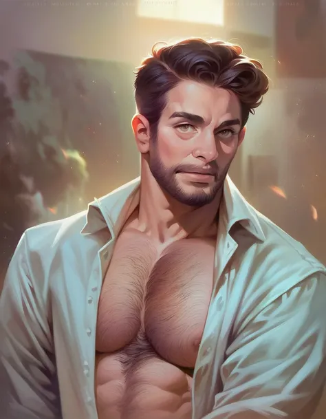 photorealistic portrait of a muscular milkman with a monkey face, hairy chest and open shirt, extremely detailed facial features, hyper realistic, cinematic lighting, highly detailed, masterpiece, 8k