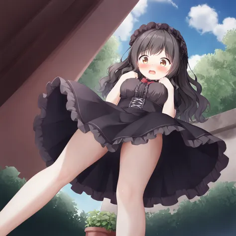 Cute beautiful girl、Turning around, shocked and blushing、Budding breasts、Gothic Lolita、Wavy Hair、Underwearless、Skirt flipped up、From below、From the back、,garden