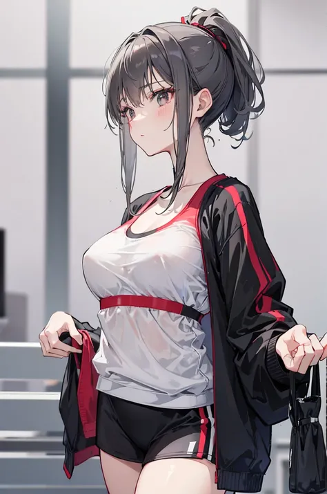 Short gray hair，Wearing a ponytail，Two strands of hair curtain，A spoon hanging on the chest，Girl with nice figure，cute，Wearing black lining，Red sportswear，Badminton racket in hand，A girl who is not very tall，In the gymnasium