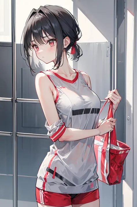 Short gray hair，Wearing a ponytail，Two strands of hair curtain，A spoon hanging on the chest，Girl with nice figure，cute，Wearing black lining，Red sportswear，Badminton racket in hand，A girl who is not very tall，In the gymnasium