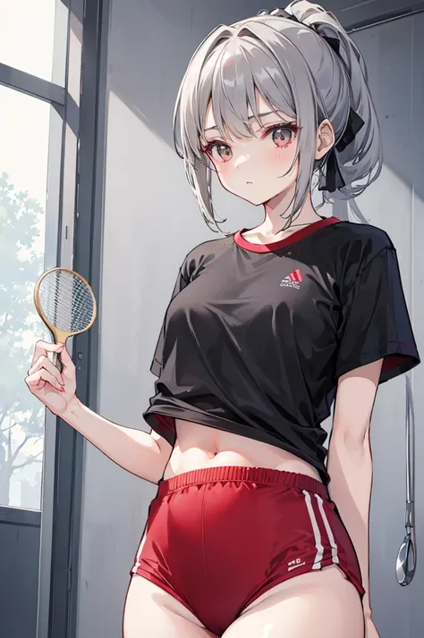 Short gray hair，Wearing a ponytail，Two strands of hair curtain，A spoon hanging on the chest，Girl with nice figure，cute，Wearing black lining，Red sportswear，Badminton racket in hand，A girl who is not very tall，In the gymnasium