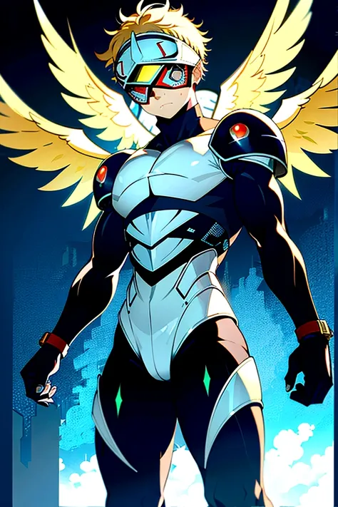 Angemon de Digimon Adventure con una pose de batalla, 1man, muscular, masculine, solo, full body, blonde hair, head wings, helmet, (covered eyes:1.7), long hair, angel wings, feathered wings, wings, en el cielo de fondo, anime screencap, american cowboy sh...