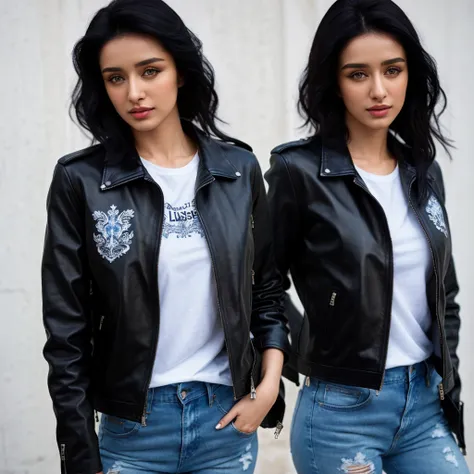 ((best quality)), ((masterpiece)), (detailed), Beautiful black haired russian woman, wearing black leather jacket over white printed t-shirt  and blue jeans , skp 