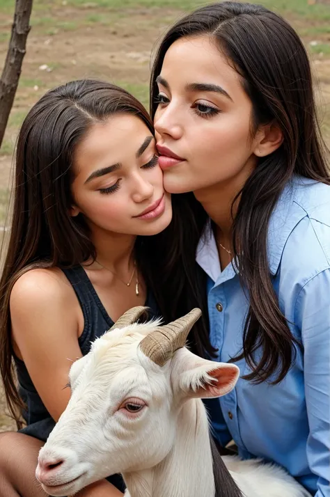 A girl kiss to goat