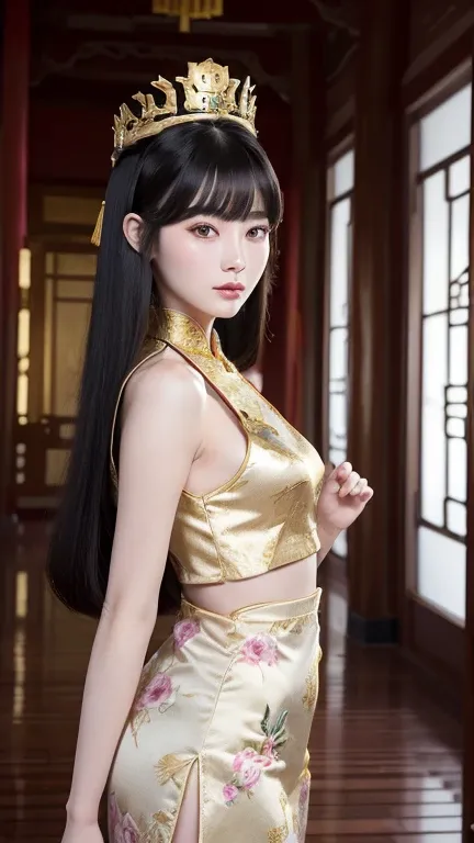 (((Chinese Beauty)))、((Angle of view from the side))、(Look back here)、21 years old、(Very heavy makeup:1.3)、(Slanted Eyes:1.4)、(long narrow eyes:1.4)、Shiny Hair、Glowing Skin、Very white skin、Jet Black Hair、Straight long hairstyle、Waist-length hair、Big eyes、D...