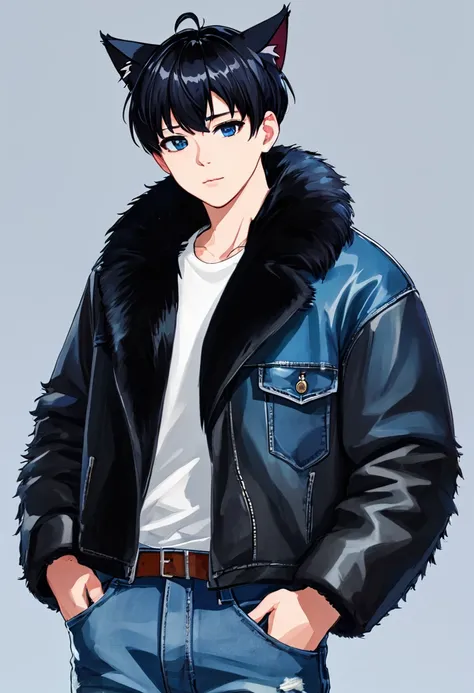 1man, black short hair, black cat ears, wearing black fur coat, wearing white undershirt, wearing blue jean pants. 