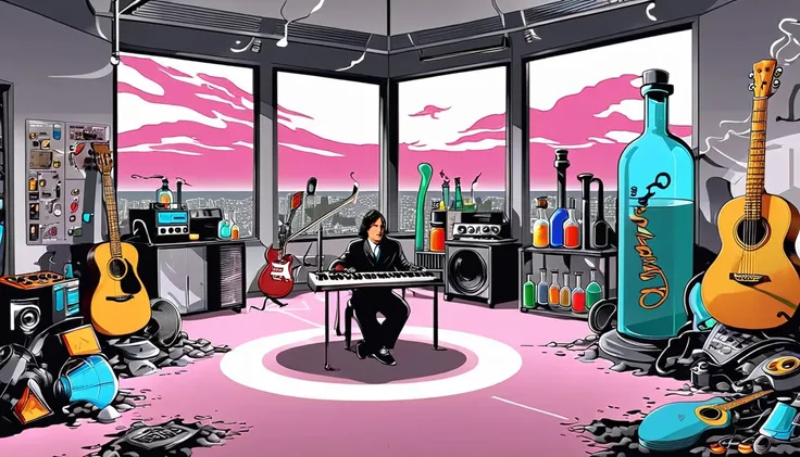 masterpiece; cover of pink floyd's album wish you were here;; guitars and drums in a small science lab(((several science bottles...