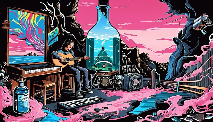 masterpiece; cover of pink floyd's album wish you were here;; guitars and drums in a small science lab(((several science bottles...