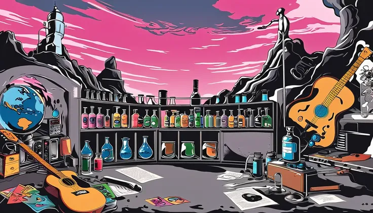 masterpiece; cover of pink floyd's album wish you were here;; guitars and drums in a small science lab(((several science bottles...