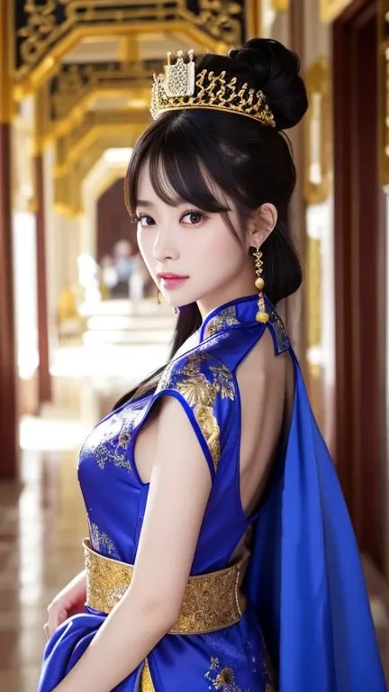 (((Chinese Beauty)))、((Angle of view from the side))、(Look back here)、21 years old、(Very heavy makeup:1.3)、(Slanted Eyes:1.4)、(long narrow eyes:1.4)、Shiny Hair、Glowing Skin、Very white skin、Jet Black Hair、Straight long hairstyle、Waist-length hair、Big eyes、D...