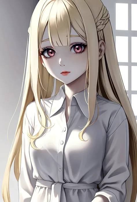 Create a pale white girl, white surgical shirt, straight hair blonde, pale dark eyes, dark circles, fine-detailed 