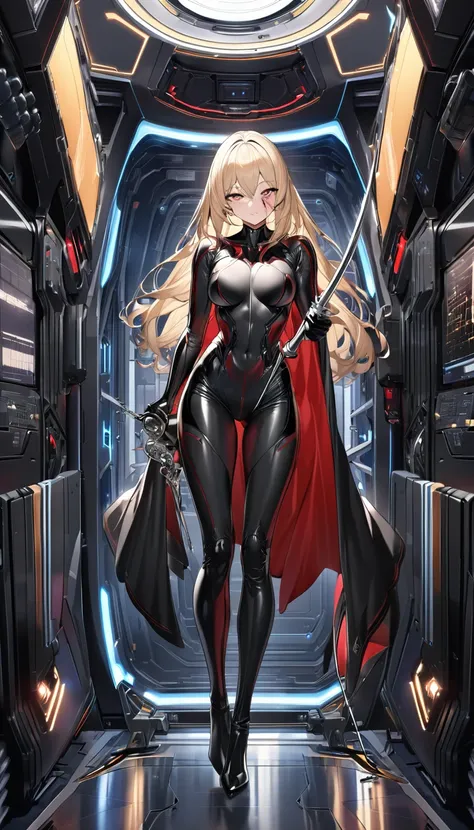 best quality, super fine, 16k, incredibly absurdres, extremely detailed, 2.5D, delicate and dynamic depiction, beautiful woman with a large stitched scar on her face, Narrow face, straight blonde hair, sharp slit eyes, red and black seamless shiny combat f...