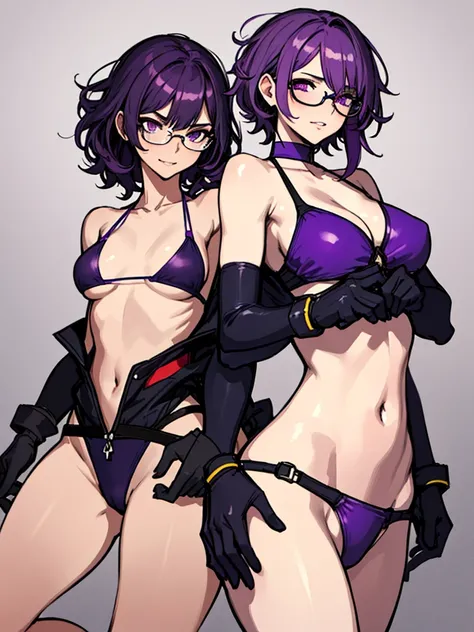 (masterpiece), best quality, expressive eyes, highres, anatomically correct, 1girl, perfect face, perfect hands, female, short hair, messy hair, wavy hair, purple hair, side bang, purple eyes, fair skin, medium chest, slight smirk, purple glasses, purple s...