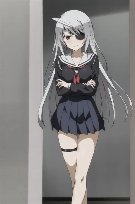 anime screenshots,anime coloring laura bodewig, eye patch, red eyes,long hair, grey hair, bangs, smile, whole body,leg spread,se...