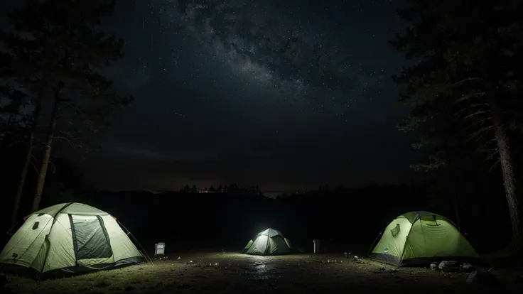 (masterpiece, 8K, UHD, photo-realistic:1.3), camping ground during heavy rain at night, there are several camping tents, in the middle of a dense pine forest during heavy rain at night, the atmosphere is dark during heavy rain at night