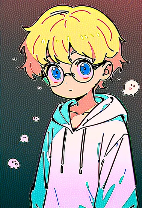 male focus, solo, childish, male only, kid, surprised, eyes fix, flat chest, small waist, 10 years old, ghost fan, ghost hoodie, round glasses, tired, looking at viewer, simple art, blond hair, blue eyes, lofi style