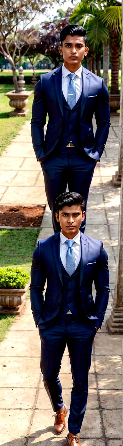 RAW, Best quality, high resolution, (masterpiece: 1.3), full body image, muscular Indonesian man in navy suit and work shoes, Masterpiece, young man face, cute man face, cleanshaven, bright skin, rough skin, fierce eyes, soft smile, standing in a park, fem...