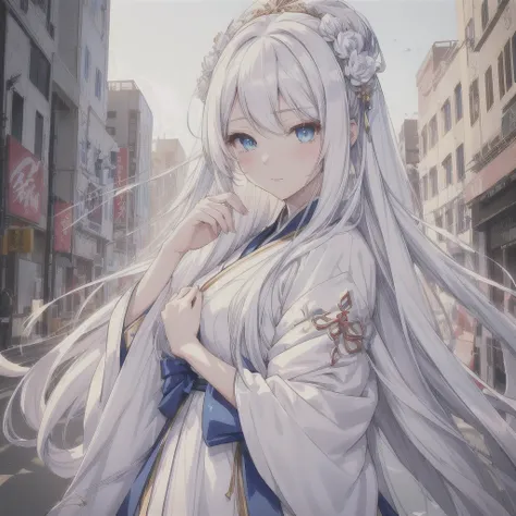 Anime girl with long white hair and blue eyes in the city, White-haired God, Beautiful anime portraits, Detailed portrait of an anime girl, Perfect white hair girl, Beautiful Anime Girls, Beautiful Anime Women, White Hair Girl, Cute Anime Girl Portrait, pa...