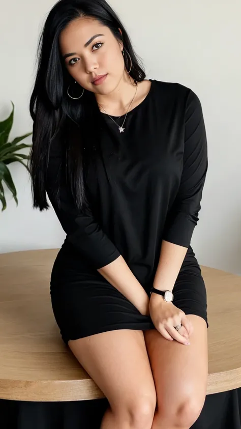 A woman shirt and panty,standing on the beach, angle face, beautiful face,round face,big cheeks, curvy, hourglass figure, there is a woman sitting on a table with a black shirt, sitting on a table, wearing black tshirt, crossed legs, thick legs, sitting on...