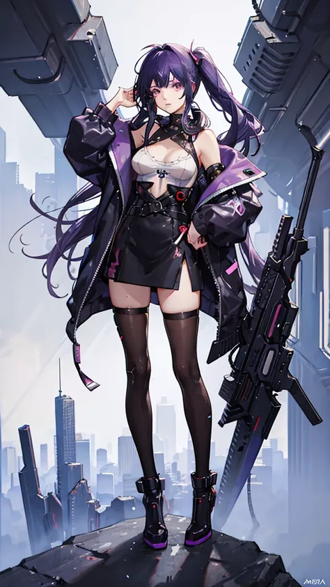 ((Highest quality)), (masterpiece)), (detailed: 1.4), 3d,in the rain、Anime girl with purple hair and black jacket, Cyberpunk Anime Girl in hoodie, digital Cyberpunk anime art, Digital Cyberpunk - Anime Art, Cyberpunk Anime Girl, anime cyberpunk art, Cyberp...