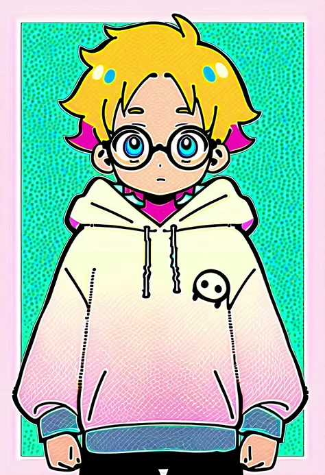 male focus, solo, childish, male only, kid, surprised, eyes fix, flat chest, small waist, 10 years old, ghost fan, ghost hoodie, round glasses, tired, looking at viewer, simple art, blond hair, blue eyes, lofi style, on hoodie is ghost icon