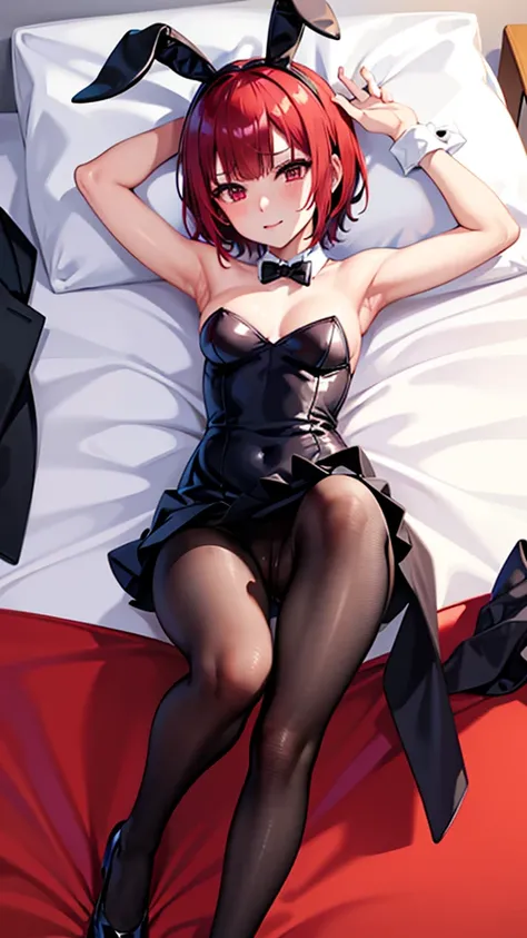 rio, Super Blackjack、red hair、short hair、Bunny girl、pantyhose、Photo from below、medium chest、Bedroom、bunny ears, get cum on her legs, explicit