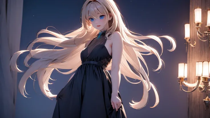 1 Girl , Girl medium light Gold hair, light blue eyes, wearing  dress black 4D, night town , 18+ , high res, ultrasharp, 8K, masterpiece, looking from front