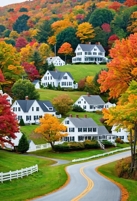 A scenic view of a rural New England village in the fall. The trees are in full foliage and the leaves are a vibrant mix of colors. There are several houses in the village, all of which are made of wood and have white fences. A road runs through the villag...