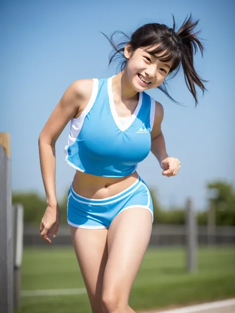 8K,masterpiece,Japanese,14-year-old girl,from the front,smile,cute,Kind eyes,Childish, ((Sportswear)), Play sports often, tight white crop top, (Light blue racing shorts,Bloomers, Shorts, Thighs),semi-long,Hair blowing in the wind,Black Hair,Somewhat stron...