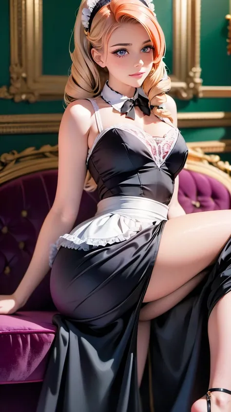 masterpiece, best quality, 1girl, purple eyes, orange hair, maid headdress, maid, intricate details, elegant pose, beautiful detailed eyes, beautiful detailed lips, extremely detailed face, delicate features, cinematic lighting, warm color palette, soft fo...