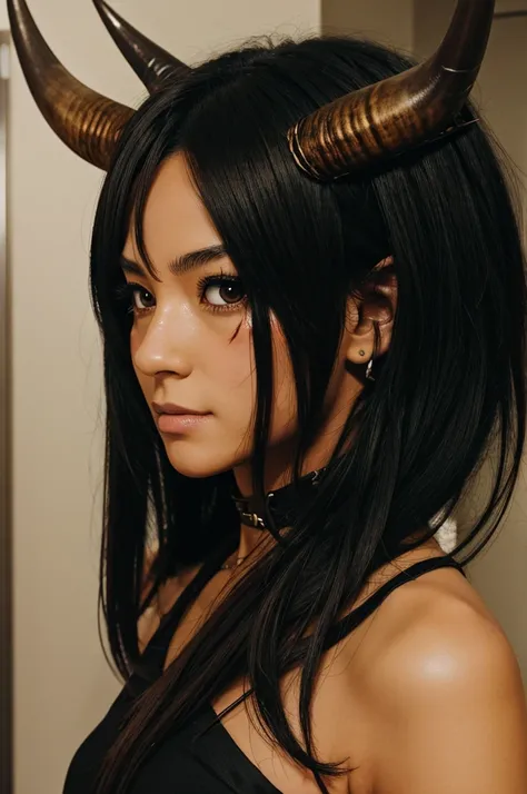 An Anime character with one side burnt with horns that have locks