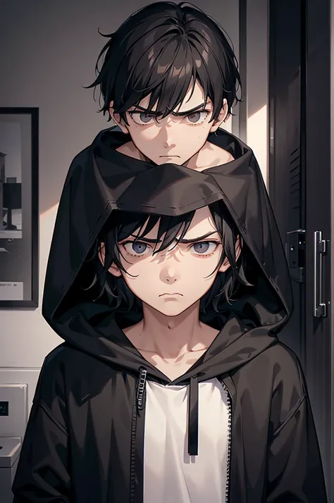 gloomy atmosphere, realistic rendering, 4K resolution, HDR enhancement, a teenage boy, black hair, black eye, grumpy face, nervous look, defiant eyes, wears a black hoodie.