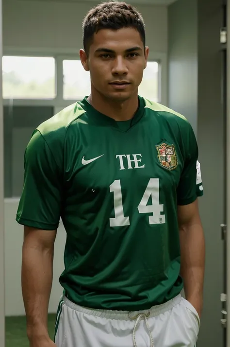 Image of the face of a football player wearing a green shirt with a face similar to Ronaldo and Messi