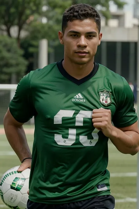 Image of the face of a football player wearing a green shirt with a face similar to Ronaldo and Messi