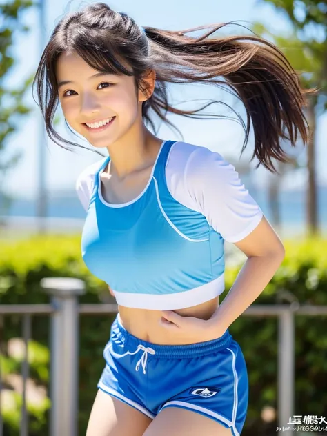 8K,masterpiece,Japanese,14-year-old girl,from the front,smile,cute,Kind eyes,Childish, ((Sportswear)), Play sports often, tight white crop top, (maikurobiki:1.2,Light blue racing shorts,Bloomers, Shorts, Thighs),semi-long,Hair blowing in the wind,Black Hai...