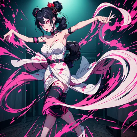 A Rokurokubi as a zombie geisha, shaking her long neck in the dancefloor making selfies, retrowave disco illuminated style floor, image as a pop-style art poster.