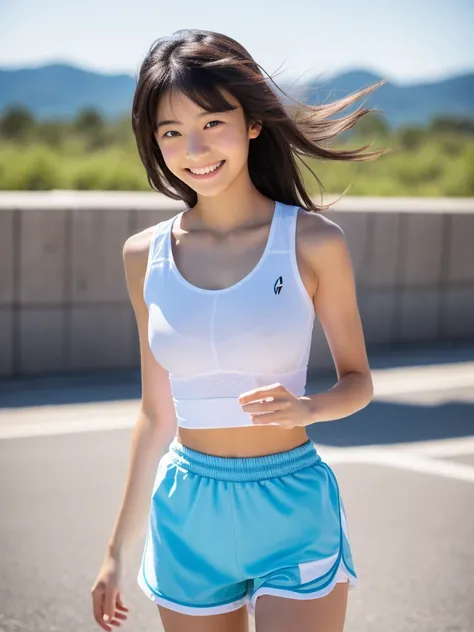 8K,masterpiece,Japanese,14-year-old girl,from the front,smile,cute,Kind eyes,Childish, ((Sportswear)), Play sports often, (tight white crop top), (maikurobiki:1.2,Light blue racing shorts,Bloomers, Thighs),semi-long,Hair blowing in the wind,Black Hair,Some...