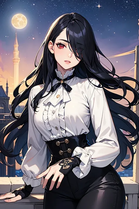 (Super detailed:1.3), ((((best quality)))), ((masterpiece)), female focus, solo,hotify, stunning beauty, powerful glow, detailed face, detailed eyes, detailed lips,castle balcony background,(starry night sky),(blue moon),((black hair)),long hair,red eyes, ...