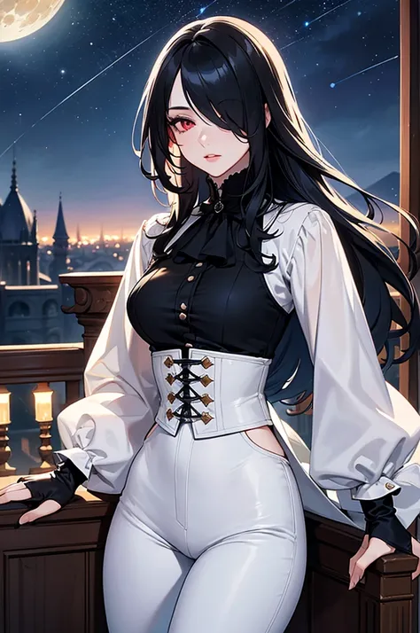 (Super detailed:1.3), ((((best quality)))), ((masterpiece)), female focus, solo,hotify, stunning beauty, powerful glow, detailed face, detailed eyes, detailed lips,castle balcony background,(starry night sky),(blue moon),((black hair)),long hair,red eyes, ...