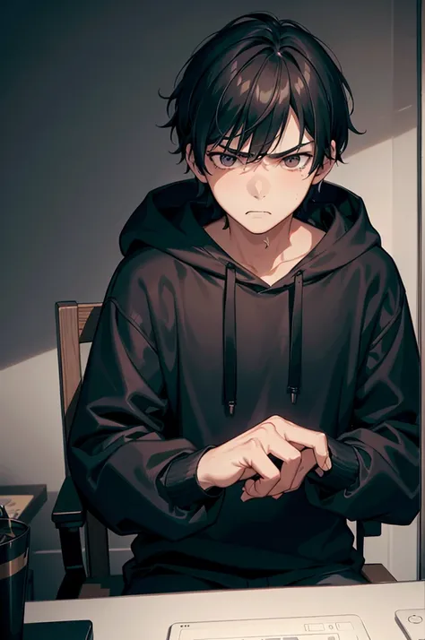 gloomy atmosphere, realistic rendering, 4K resolution, HDR enhancement, a teenage boy, cute face, black hair, black eye, grumpy face, nervous look, defiant but sad eyes, wears a black hoodie, in a room, sitting on a gaming chair, hand on his chin.