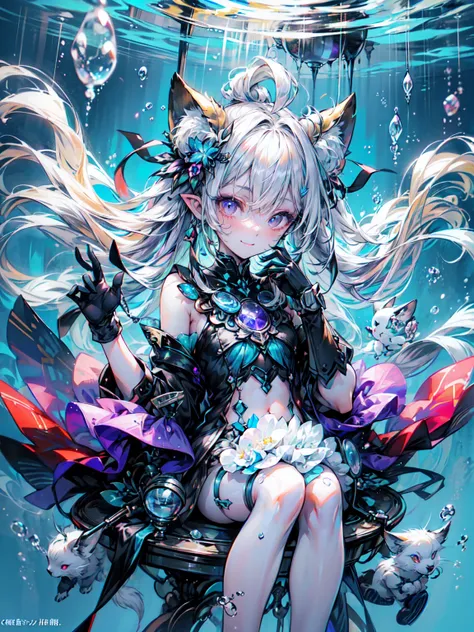 Android girl floating in a culture pod, (cylindrical glass culture pods:1.3), (Pods filled with blue water:1.3), (she is Floating in the water:1.5),Blake、（Dark Elf), Perfect Face, 優しいsmile、Get used to it, Ahoge, ((Long Hair:1.2)), (Hair above one eye:1.3),...