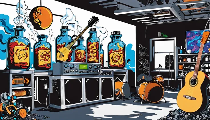 masterpiece; cover of the who's who's next album;; guitars and drums in a small science lab(((several science bottles around the...