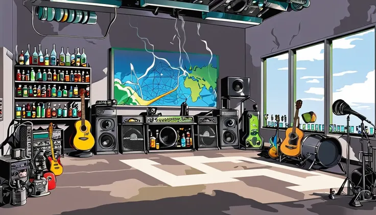 masterpiece; cover of the who's who's next album;; guitars and drums in a small science lab(((several science bottles around the...