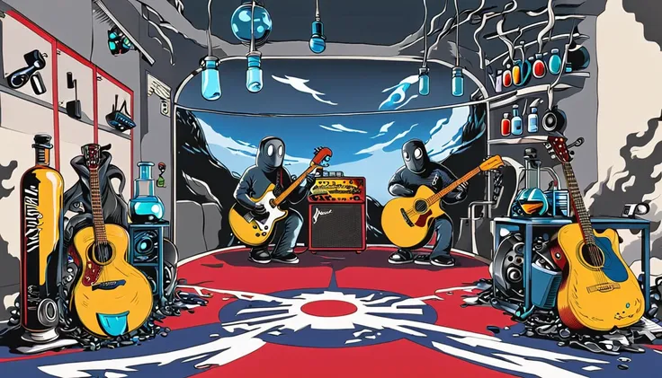 masterpiece; cover of the who's who's next album;; guitars and drums in a small science lab(((several science bottles around the...