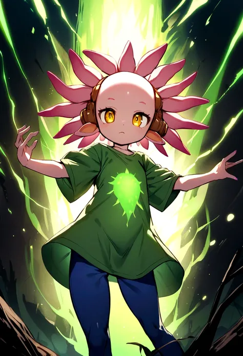 high quality, Humanoid axolotl with a green t-shirt, blue pants and yellow eyes