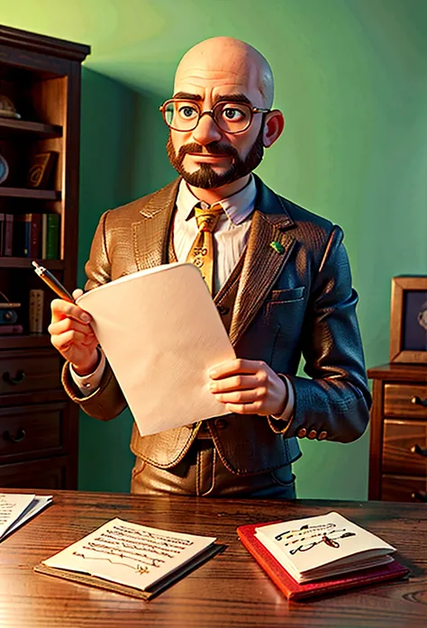 A meticulously organized desk with documents and a quill pen, while a 40 year old man writes a letter,Game of Thrones, man is tall and bald, Green colored eyes, with transparent glasses and brown frames, dark expression, wear black and gold, mascle