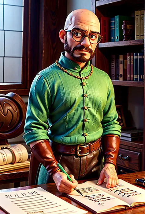 A meticulously organized desk with documents and a quill pen, while a 40 year old man writes a letter,Game of Thrones, man is tall and bald, Green colored eyes, with transparent glasses and brown frames, dark expression, wear black and gold, mascle