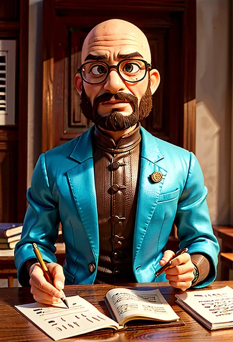 A meticulously organized desk with documents and a quill pen, while a 40 year old man writes a letter,Game of Thrones, man is tall and bald, Green colored eyes, with transparent glasses and brown frames, dark expression, wear black and gold, mascle